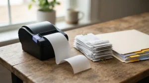 Belegdrucker mit Papierstreifen und geordneten Zahlungsbelegen auf einem Schreibtisch
