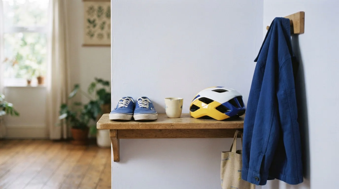 Turnschuhe Fahrradhelm und eine Tasse auf einem schlichten Regal
